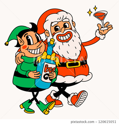 Drunk Santa Claus and elf. Groovy vintage funny Santa and elf characters celebrating holidays. Ideal for Christmas and New Year sticker designs and decorations, vector illustration 120615051