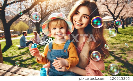 Parents and children playing with soap bubbles_AI generated image 120615205