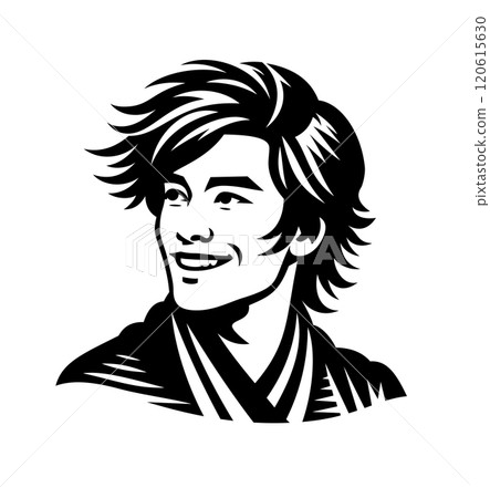A handsome young man with windblown hair. A beautiful young male face with a beaming smile. Three-quarter view. Isolated on white vector illustration. AI-generated emblem. 120615630