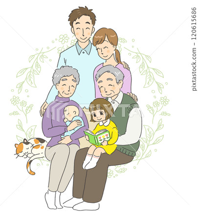 Illustration of a smiling three-generation family with friendly pets Illustration of a smiling three-generation family with friendly pets 120615686