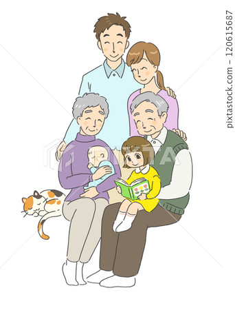 Illustration of a smiling three-generation family with friendly pets 120615687