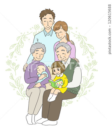 Illustration of a smiling, friendly three-generation family 120615688
