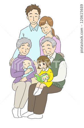 Illustration of a smiling, friendly three-generation family 120615689