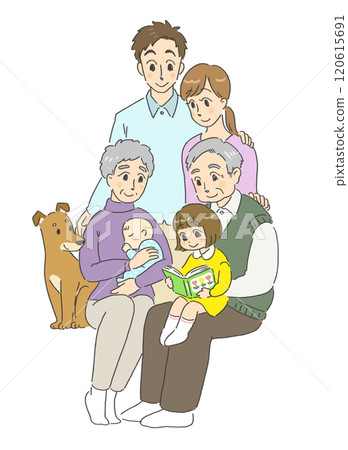 Illustration of a smiling three-generation family with friendly pets 120615691