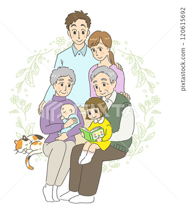 Illustration of a smiling three-generation family with friendly pets Illustration of a smiling three-generation family with friendly pets 120615692