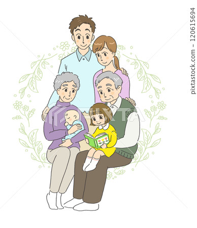 Illustration of a smiling, friendly three-generation family 120615694
