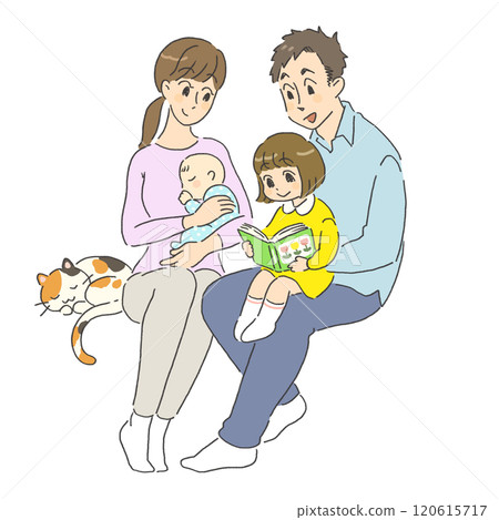 Illustration of a smiling family with friendly pets Illustration of a smiling family with friendly pets 120615717