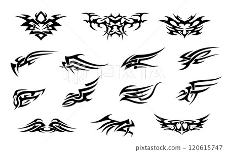 Y2k tribal neo gothic tattoo patterns set. Y2k neo gothic psychedelic tattoo vector symbol, 2000s heavy metal flame shape. Emo or goth subculture abstract pattern ornament, tribal graphic print Y2k tribal neo gothic tattoo patterns set. Y2k neo gothic psychedelic tattoo vector symbol, 2000s heavy metal flame shape. Emo or goth subculture abstract pattern ornament, tribal graphic print 120615747