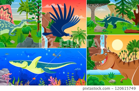 Prehistoric dinosaur and reptile characters collage of Jurassic era lizards, vector background. Kids dino world collage of cartoon T-rex dinosaur, prehistoric birds and reptiles with giant lizards 120615749