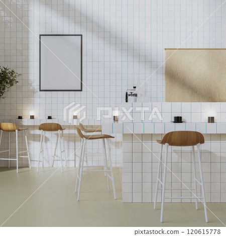 Blank picture frame mock up in modern coffee shop interior with white tiles, bar stools and counter with coffee brewing equipment, 3d render 120615778