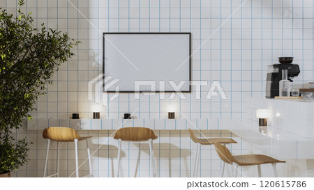Blank horizontal frame mock up in modern coffee shop interior with white tiles, bar stools and counter with coffee brewing equipment, 3d render Blank horizontal frame mock up in modern coffee shop interior with white tiles, bar stools and counter with coffee brewing equipment, 3d render 120615786