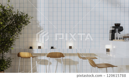 Minimalist cafe interior with wooden stools and white with blue tiled walls, bar counter with coffee machine , 3d render Minimalist cafe interior with wooden stools and white with blue tiled walls, bar counter with coffee machine , 3d render 120615788