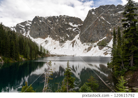Snow-capped Mountains and Reflective Lake in a Stunning Alpine Landscape. 120615792