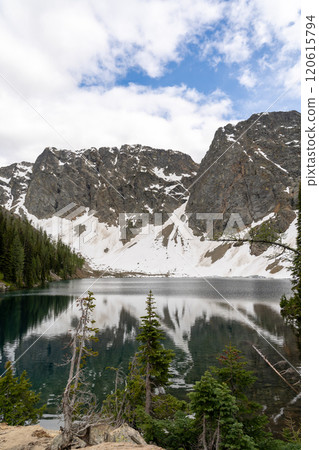 Snow-capped Mountains and Reflective Lake in a Stunning Alpine Landscape. Snow-capped Mountains and Reflective Lake in a Stunning Alpine Landscape. 120615794