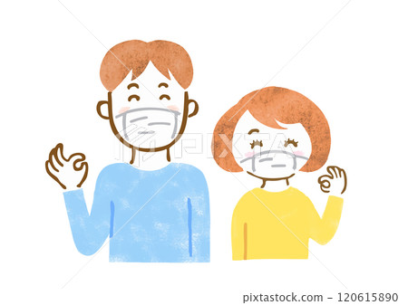 手繪上半身插圖，描繪了一個戴著面具並做出“OK”手勢的男人和女人 120615890