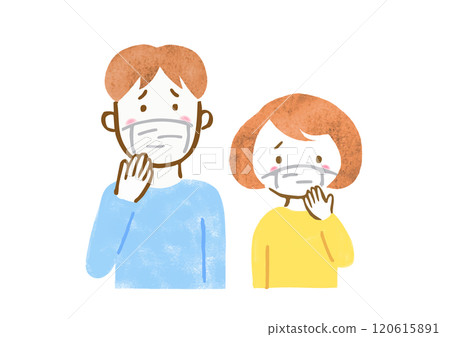 Hand-drawn upper body illustration of a man and woman wearing a mask due to poor health 120615891