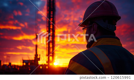 Close-up view of a construction worker observing the sunset at a construction site in the evening 120615991