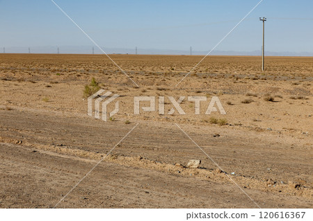 Vast arid landscape with sparse vegetation in Afghanistan under a clear sky 120616367
