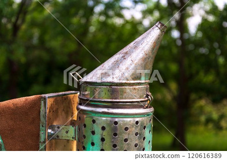 Detail of the beautiful bee smoker with orchard in background 120616389