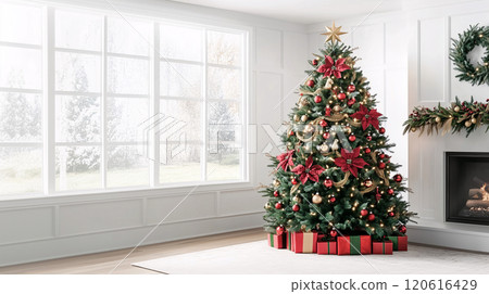 A beautifully decorated Christmas tree adorned with red and green ornaments, gold garland, and twinkling lights, evoking traditional holiday warmth and nostalgia. AI generated. 120616429