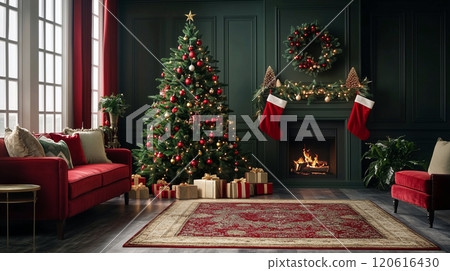 A beautifully decorated Christmas tree adorned with red and green ornaments, gold garland, and twinkling lights, evoking traditional holiday warmth and nostalgia. AI generated. 120616430