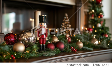 A classic nutcracker soldier figurine on a holiday display with Christmas lights, ornaments, and evergreen branches, capturing a traditional holiday spirit. AI generated. 120616432