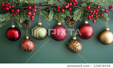 Christmas ornaments in red, green and gold color tones hanging from a pine garlands decorated with holly on a plain green background. AI generated. Christmas ornaments in red, green and gold color tones hanging from a pine garlands decorated with holly on a plain green background. AI generated. 120616436