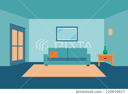 Living room interior with sofa in minimalistic flat style 120616617