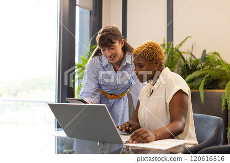 Collaborating on project, two women using laptop and tablet in modern office Collaborating on project, two women using laptop and tablet in modern office 120616816