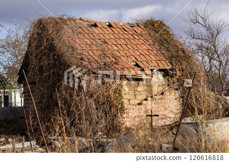 Old rural house with a crumbling tiled roof, surrounded by dry vegetation and signs of neglect. Old rural house with a crumbling tiled roof, surrounded by dry vegetation and signs of neglect. 120616818
