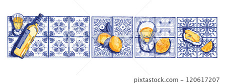 Mediterranean azulejo table ceramic, vector watercolor summer Italian illustration, limoncello glass 120617207