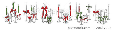 Christmas eve candle set, traditional holiday table decoration, hand drawn vector wineglass, bow.  120617208