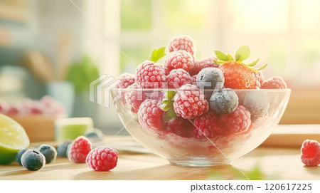 Sunlight shines on a glass bowl with frozen strawberries, raspberries, and blueberries on a rustic table Sunlight shines on a glass bowl with frozen strawberries, raspberries, and blueberries on a rustic table 120617225