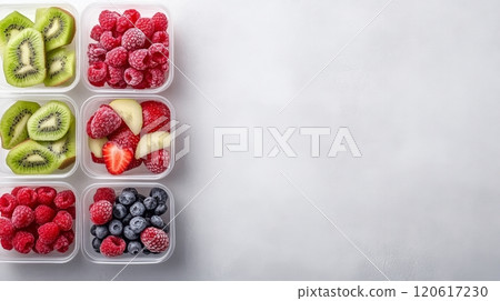 Frozen strawberries, kiwis, raspberries, and blueberries in clear containers highlight their vibrant colors 120617230