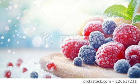 Colorful frozen berries on a wooden board, garnished with fresh mint and ice, evoke summer freshness 120617231