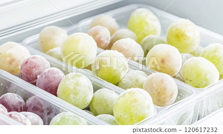 Frozen white grapes in clear bags provide a crunchy, icy treat for summer recipes and healthy snacks 120617232