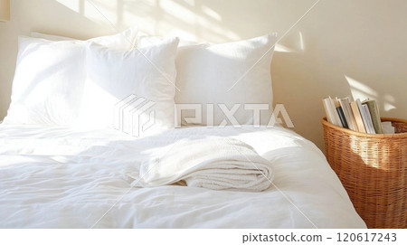 Neatly made bed in a cozy guest bedroom with a blanket basket and books on the bedside table in soft natural light 120617243