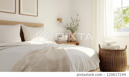 Neatly made bed in a serene guest bedroom bathed in daylight, showcasing warm textiles and simple decor for comfort Neatly made bed in a serene guest bedroom bathed in daylight, showcasing warm textiles and simple decor for comfort 120617244