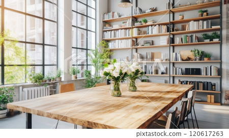 Warm industrial loft features a wooden table adorned with fresh flowers, inviting a cozy atmosphere for gatherings 120617263