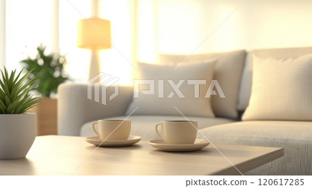 Soft sofa and decorative pillows create a cozy atmosphere, complemented by coffee cups on the table and warm lighting 120617285