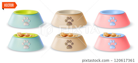 3d Pet Shop Concept Different Color Dog Plastic Plate Bowl with Paw Print Set Cartoon Design Style. Vector illustration 3d Pet Shop Concept Different Color Dog Plastic Plate Bowl with Paw Print Set Cartoon Design Style. Vector illustration 120617361