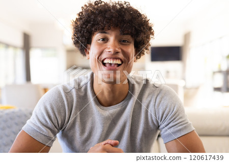 On video call, Smiling young man at home, looking cheerful On video call, Smiling young man at home, looking cheerful 120617439