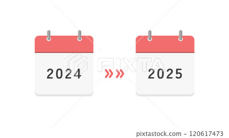 2024 and 2025 calendars and arrows - Image material for the year-end and New Year holidays, New Year, and changes and postponements to two-year plans 120617473