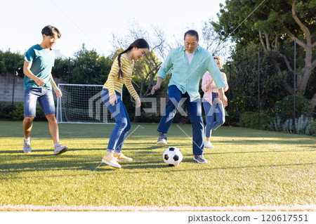 Playing soccer on grass field, family enjoying outdoor activity together 120617551