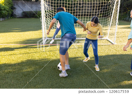 Playing soccer, family enjoying outdoor activity on grass field near goalpost 120617559