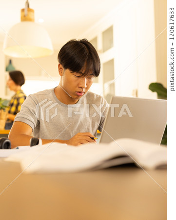 Using laptop, young man focusing on work at home office desk 120617633