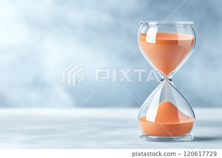 A Close-Up View of an Hourglass with Flowing Sand Capturing the Essence of Time and Measurement in a Serene Setting for Artistic and Conceptual Use 120617729
