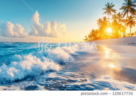 Stunning Tropical Beach Scene with Clear Blue Waters and Lush Palm Trees at Sunset, Perfect for Relaxation and Serenity in Paradise 120617730