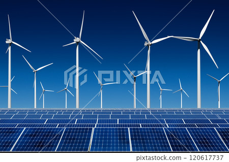 Renewable Energy Sources Featuring Solar Panels and Wind Turbines Under Clear Sky for Sustainable Power Generation Solutions 120617737