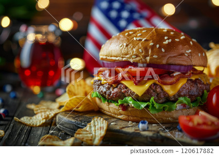 Delicious bacon cheeseburger with crispy potato chips, on rustic wood table 120617882
